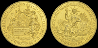 France, Exposition Internationale, Nice, 1883-1884, a gilt-bronze medal by Depose, France seated facing, rev....