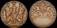 Belgium, Exposition Internationale, Brussels, 1897, a copper medal by J. Lagae for Wolfers Frès, Belgica standing...