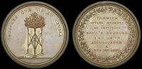 England, Royal Society, Rumford Medal, 1802, a specimen striking in copper by J. Milton, flaming brazier on tripod,...
