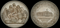England, Exhibition of Art Treasures, Manchester, 1857, a copper medal by J. Pinches, view of the building, wreath...