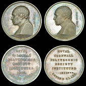 England, Royal Cornwall Polytechnic Society, silver award medals after W. Wyon (2), bust of James Watt left, revs....