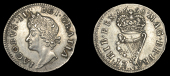 James II (1685-1691), Pewter coinage, Proof Halfpenny, 1690, in silver, overstruck on a 5 Sols of Louis XIV, plain...