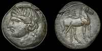 Greek Coinages, ZEUGITANA, Carthage, Æ 30, 221-202, head of Tanit left, rev. horse standing right, palm-tree...