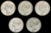 Victoria (1837-1901), Pennies (5), 1841 no colon, 1854 close colon (2), 1855 far colon, 1857 close colon (BMC 1484,...