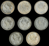 Victoria (1837-1901), Pennies (8), 1860 beaded border, 1862, 1863, 1875, 1881h, 1882h, 1890, 1893 (BMC 1626, 1653,...