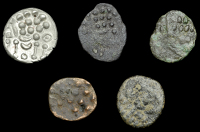 DUROTRIGES, Uninscribed series, silver Stater, degraded head of Apollo right, rev. horse left, pellets above,...