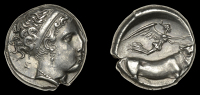 Greek Coinages, CAMPANIA, Neapolis, Didrachm, c. 350-325, head of nymph right, wearing broad headband, e behind,...