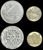 Death of Winston Churchill, 1965, a silver medal by F. Kovacs, bust facing, books and paintbrushes on shelf behind,...