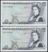 ERROR: Bank of England, David H. F. Somerset, £5 (2), June 1980, serial numbers DU70 447349 and DU72 446695, both...