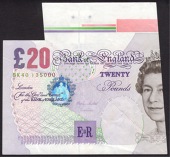 ERROR: Bank of England, Merlyn V. Lowther, £20, 1999, serial number BK40 135000, with a significant cutting error...