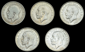 George V (1910-1936), Florins (5), 1911 (2, dies 1+A, 2+A), 1912, dies 2+B, 1913 (2, dies 2+C, 2+C*) (Davies 1730-4;...