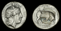 Greek Coinages, LUCANIA, Thurium, Stater, 400-350, head of Athena right, wearing Attic helmet decorated with Scylla...