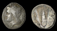 Greek Coinages, LUCANIA, Metapontion, Stater, wreathed head of Demeter left, rev. barley ear of seven grains, leaf...