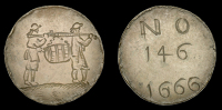 Uncertain locality, engraved copper, 1666, two draymen walking right, carrying a barrel, rev. stamped no 146 above a...