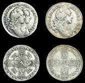 William and Mary (1688-1694), Sixpence, 1693 (ESC 869 [1529]; S 3438); William III, Sixpence, 1696 (ESC 1213 [1545];...