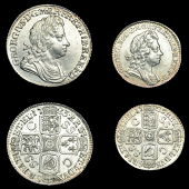 George I (1714-1727), Shilling, 1723 ss c, first bust (ESC 1586 [1176]; S 3647); Sixpence, 1723 ss c, small...