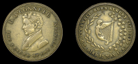 Death of DANIEL O'CONNELL, 1847, a brass medal, 	bust three-quarters right, rev. legend within shamrock wreath, 28mm...