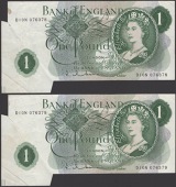 ERROR: Bank of England, Jasper Q. Hollom, £1 (2), 27 February 1963, serial numbers D10N 076378-79, both notes with...