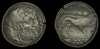 Greek Coinages, APULIA, Teate, Quadrunx, c. 225-200, head of Herakles right wearing lion skin, four pellets in right...