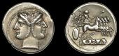 Roman Republican Coinage, Anonymous, Quadrigatus, c. 225-15, laureate Janiform head within beaded circle, rev....