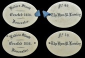 YORKSHIRE, Doncaster, oval ivory (2), Ladies Stand, Erected 1858, backs named (No. 49, The Hon. R. Lawley; No. 50,...