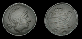 Roman Republican Coinage, Anonymous, Uncia, c. 215-211, helmeted head of Roma right, rev. prow of galley right, corn...