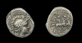 Roman Republican Coinage, Anonymous, silver Sestertius, c. 211-208, helmeted head of Roma right, ii s behind, rev....