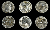 Roman Republican Coinage, Denarii (3), M. Atilius Saranus, c. 148, head of Roma right, rev. Dioscuri right, 3.83g...