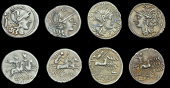 Roman Republican Coinage, Denarii (4), Spurius Afranius, c. 150, head of Roma right, rev. Victory driving biga...