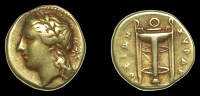 Greek Coinages, SICILY, Syracuse, Agathokles, electrum 50 Litrai, c. 310-305, laureate head of Apollo left, star...