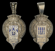 Exhibition of Paintings on China, 1878, a silver and enamel award, unsigned, cartouche on crowned rose, rev....
