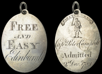 MIDLOTHIAN, Edinburgh, Free and Easy Club, engraved oval silver, legend, rev. Highlander brandishing sword, named...