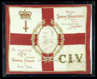 City of London Imperial Volunteers Printed Panel.
A very rare framed coloured cotton printed panel, 365mm x 300mm,...