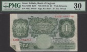 ERROR: Bank of England, Percival S. Beale, £1, 17 March 1950, serial number X02C 469359, with a printing error at...