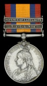 Queen’s South Africa 1899-1902, 2 clasps, Talana, Defence of Ladysmith (2854 Serjt: H. Webb. 4th. Hussars.) nearly...