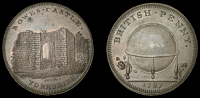 Yorkshire, Bowes, Skidmore’s Globe series, Penny, 1797, remains of Bowes Castle, rev. globe, edge i promise to pay...