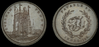 Worcestershire, Evesham, Thomas Thompson, Skidmore’s Penny, 1796, frontal elevation of Abbot’s Tower, rev. tt...