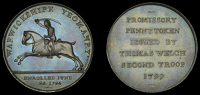 Warwickshire, Birmingham, Thomas Welch, Penny, 1799, mounted yeoman riding left, warwickshire yeomanry, etc, rev....