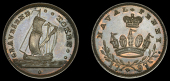 Kent, Gravesend, Denton’s Naval Penny, 1797, sailing barge, rev. crowned coronet, edge partially engrailed,...