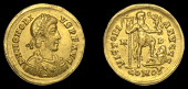 Roman Imperial Coinage, Honorius, Solidus, Mediolanum, c. 395-402, d n honorivs p f avg, pearl-diademed, draped and...