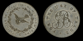 Unlocalised issues, Skidmore’s mule Halfpenny, dove with olive branch in wreath, rev. gb cypher, edge grained over...