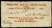 Theatre and Entertainment, DRURY LANE, Theatre Royal, Fourth Theatre, Admit Two to the Boxes, 1819, a printed red...