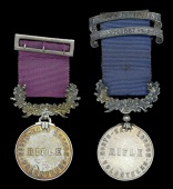 North-East London Rifle Volunteers (2), silver medal, ‘Five Years Efficient’ (J. C. Baker 1865) with twin-scroll...