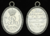 Loyal Islington Volunteers 1799, engraved oval silver medal with chased floral border, 66x53mm.; Obv: crowned...