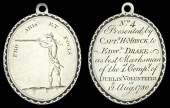 Dublin Volunteers 1780, engraved oval silver medal with scalloped border, 38x32mm.; Obv: Standing Volunteer aiming...