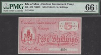 Onchan Internment Camp, 5 Shillings, ND (1940), serial number 4895, no handstamps on either side, in PMG holder 66...