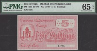 Onchan Internment Camp, 5 Shillings, ND (1940), serial number 4896, no handstamps on either side, in PMG holder 65...