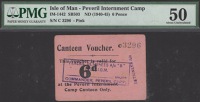 Peveril Internment Camp, 6 Pence, ND (1940), serial number C3296 pink card, ‘DETAINEES A/c’ stamp at right and...