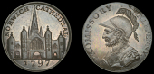 18th Century Tokens, NORFOLK, Norwich, Joseph Hardingham, Kempson’s mule Halfpenny, 1797, Cathedral, rev. helmeted...