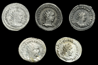 Roman Imperial Coinage, Valerian, Antoninianii (5), Rome, radiate and draped bust right, rev. Apollo standing right,...